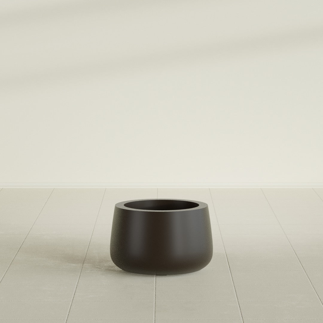 Short Hayden Bowl Planter in Matte Dark Brown, 12"D × 7"H, shown empty