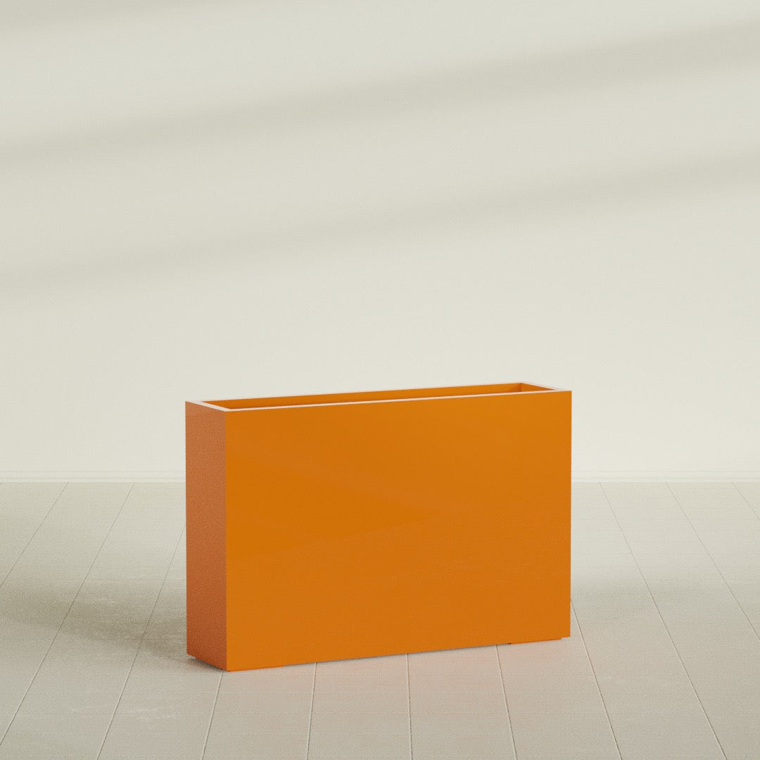 Delray Rectangular Planter in Gloss Tangerine, 48"L × 12"D × 32"H, shown empty