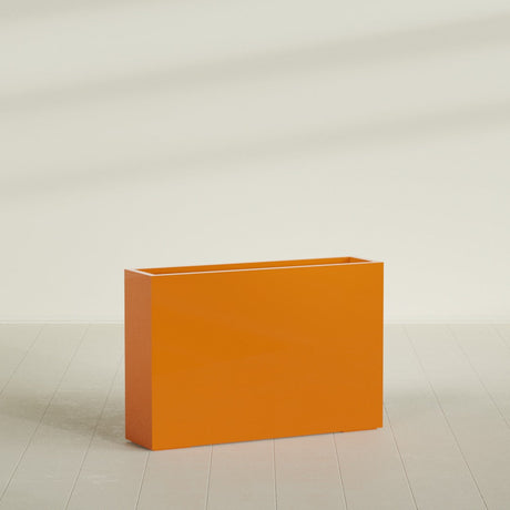 Delray Rectangular Planter in Gloss Tangerine, 48"L × 12"D × 32"H, shown empty