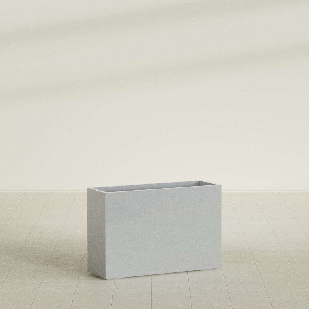 Potsdam Rectangular Planter in Metallic Silver, 48"L × 16"D × 32"H, shown empty