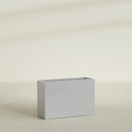 Potsdam Rectangular Planter in Metallic Silver, 48"L × 16"D × 32"H, shown empty