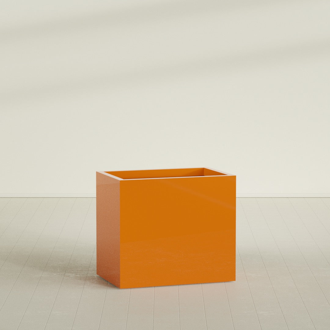 Brisbane Rectangular Planter in Gloss Tangerine, 36"L × 24"D × 32"H, shown empty