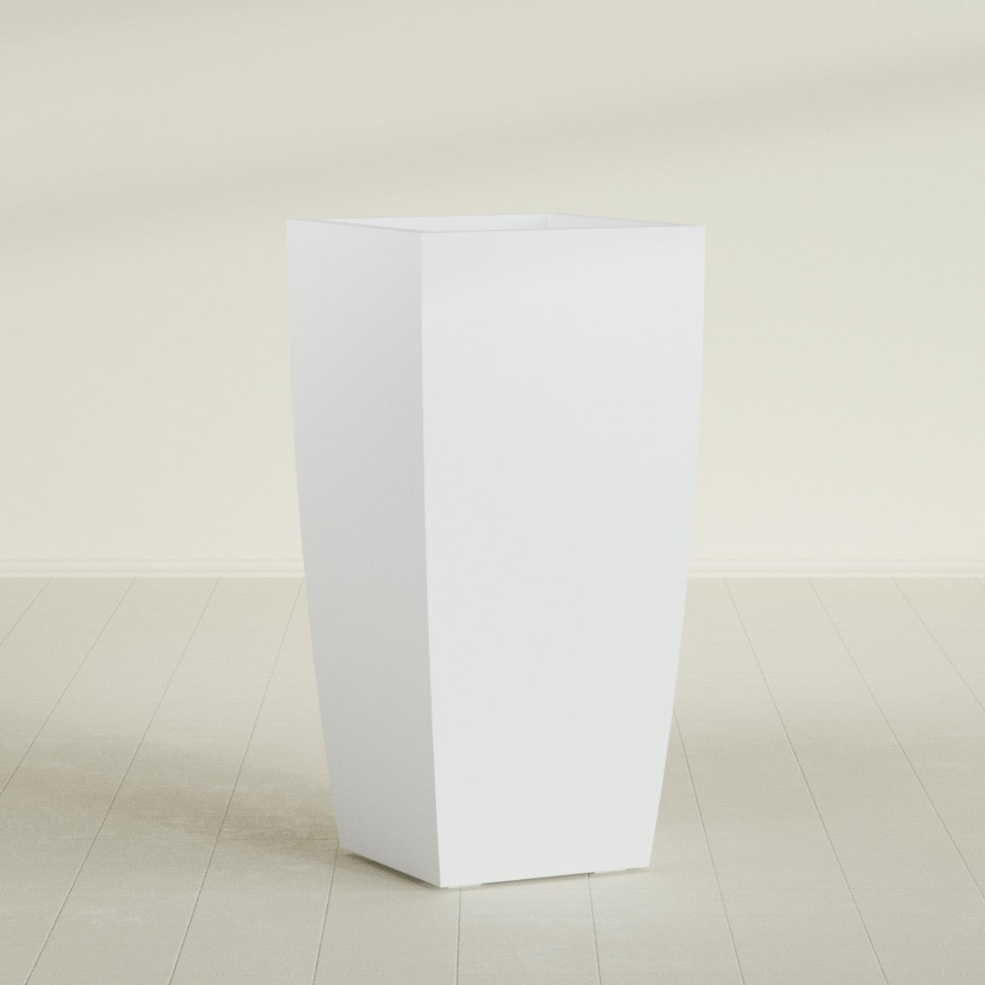 Toulan Tapered Square Planter in Gloss Bright White, 23"W × 48"H, shown empty