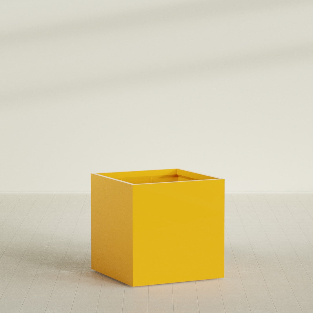 Montroy Cube Planter in Gloss Saffron, 40", shown empty