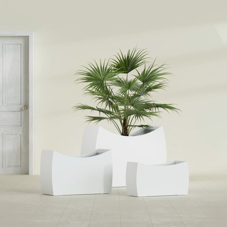 Seoul Curved fiberglass planter in Matte Bright White, size range, in a sunlit interior