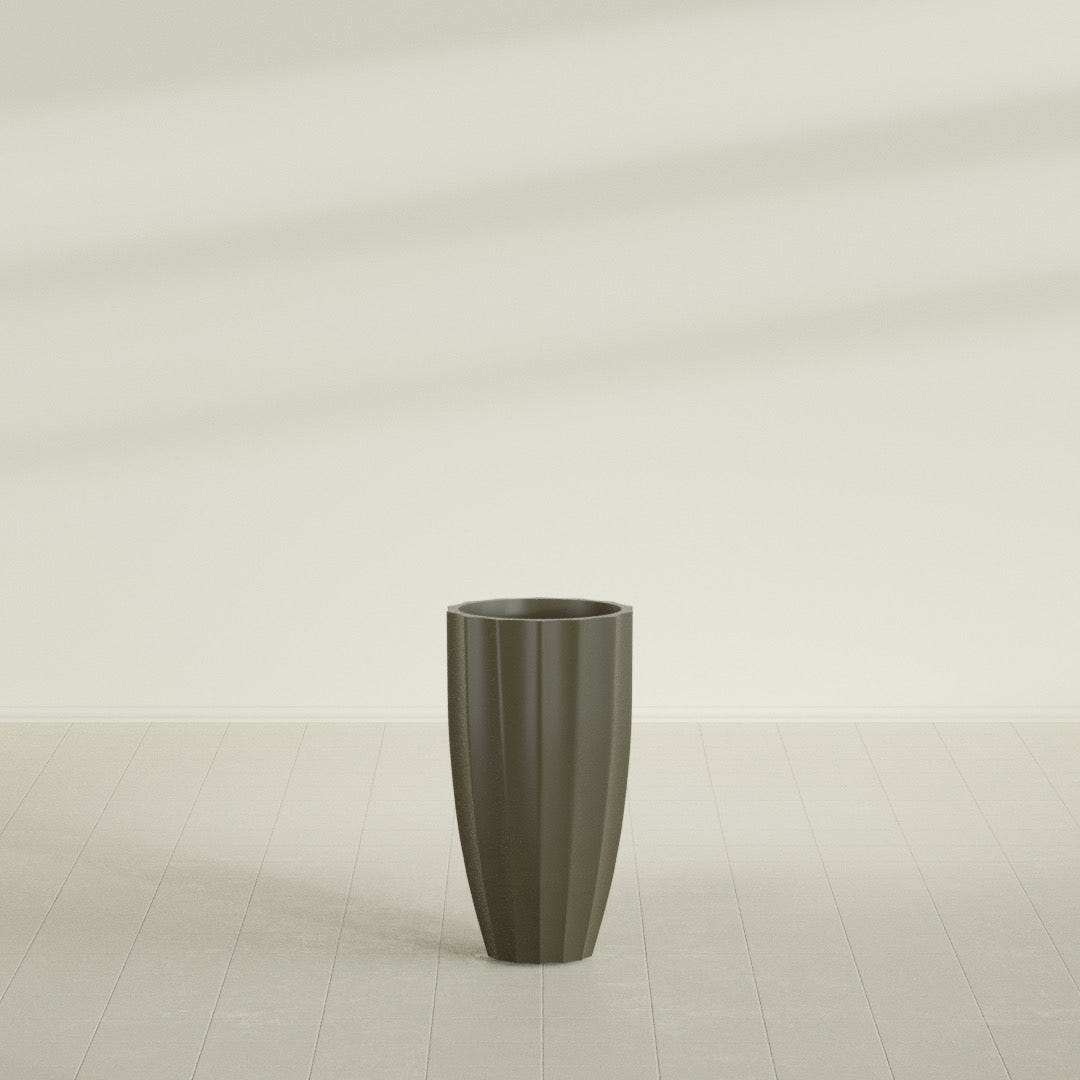 San Jose Tall Fluted Planter in Matte Bronze, 16"D × 30"H, shown empty