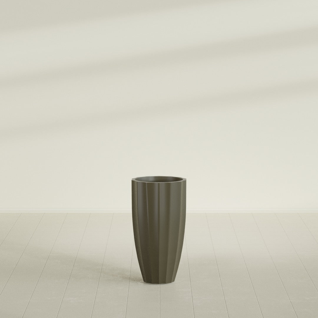 San Jose Tall Fluted Planter in Matte Bronze, 16"D × 30"H, shown empty