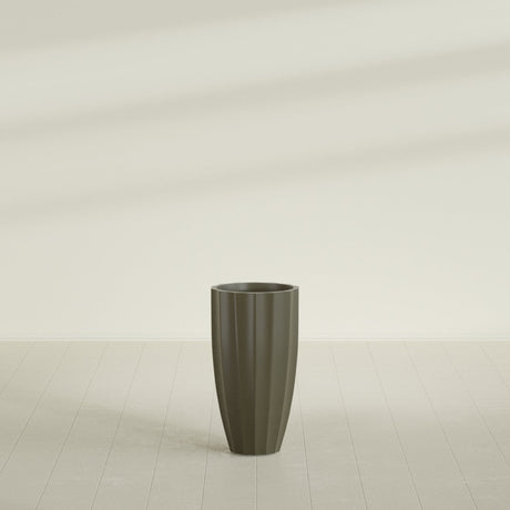 San Jose Tall Fluted Planter in Matte Bronze, 16"D × 30"H, shown empty