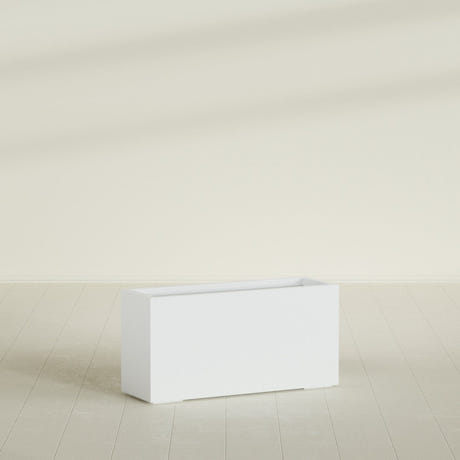 Miami Narrow Rectangular Planter in Matte Bright White, 36"L × 12"D × 18"H, shown empty