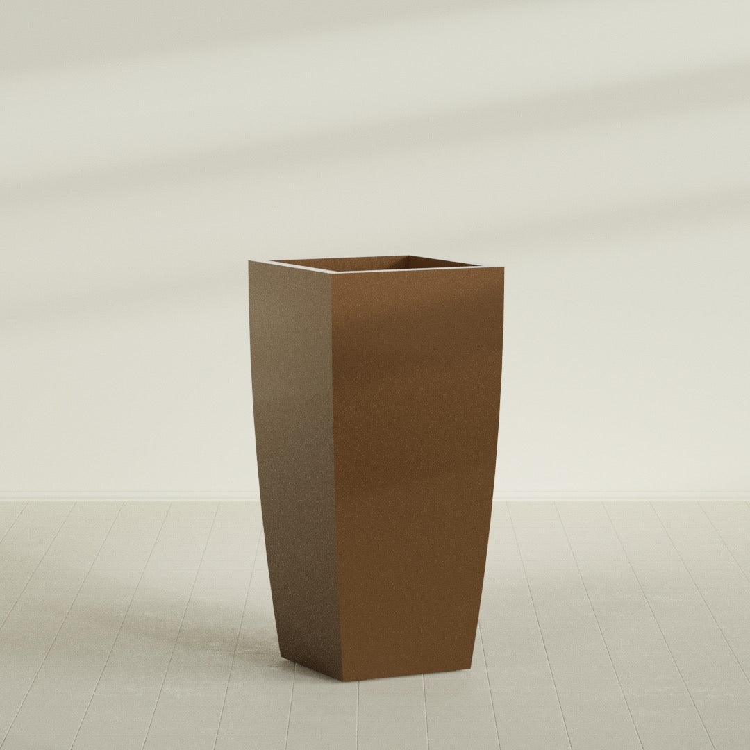Toulan Tapered Square Planter in Metallic Bronze, 28"W × 60"H, shown empty