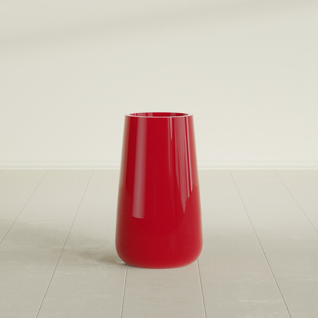 Saigon Tapered Round Planter in Gloss Red, 14"D × 30"H, shown empty