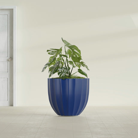Santa Barbara Fluted Round fiberglass planter in Matte Cobalt Blue, shown planted, in a sunlit interior