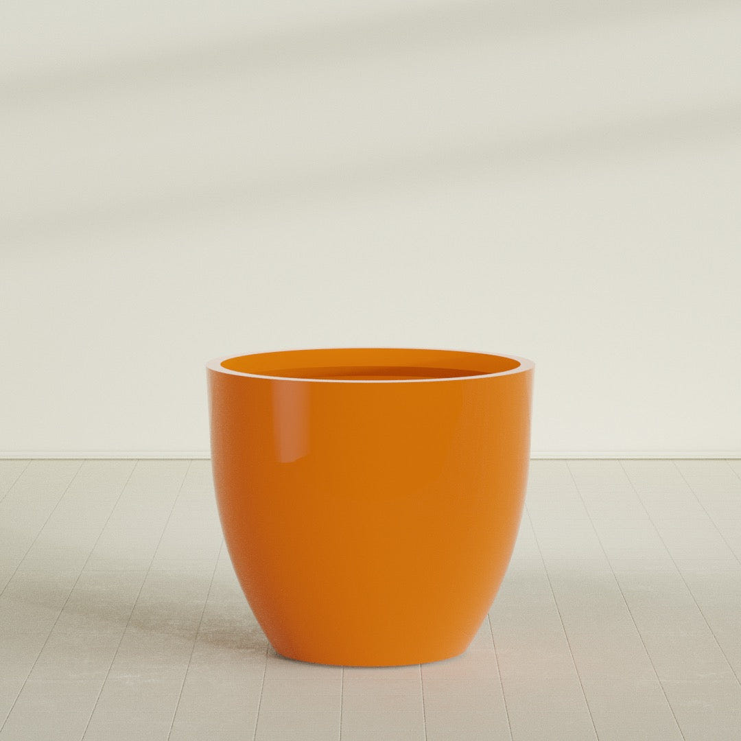 Wannsee Round Planter in Gloss Tangerine, 50"D × 44"H, shown empty