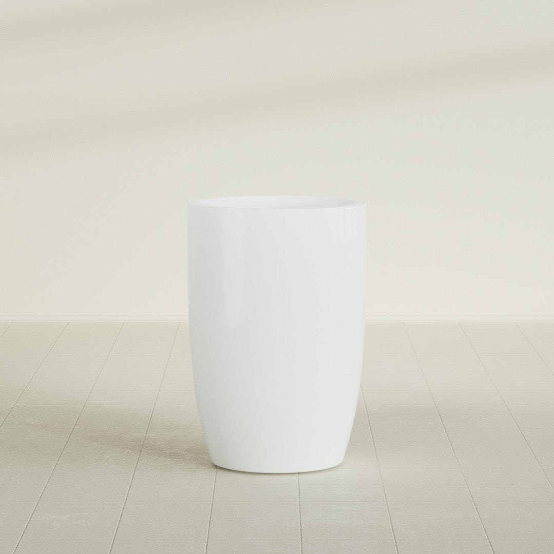 Lisbon tall round tapered fiberglass planter in Matte Bright White, 24 in diameter, 36 in high, shown empty