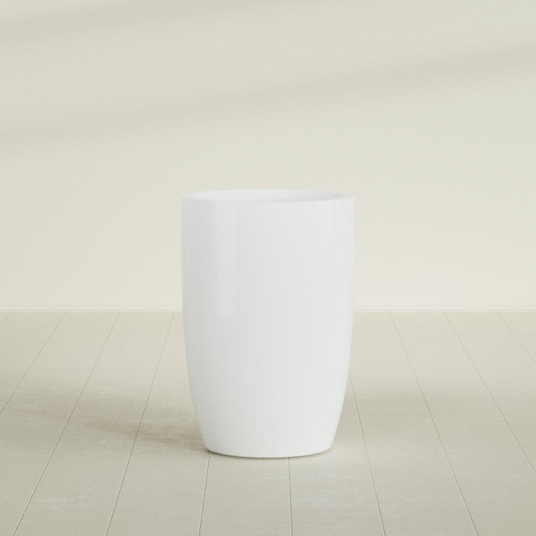 Lisbon tall round tapered fiberglass planter in Matte Bright White, 24 in diameter, 36 in high, shown empty