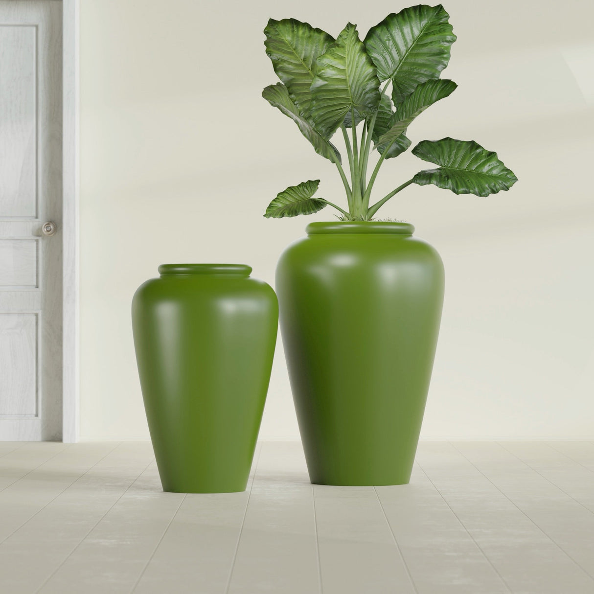 Barà Jar fiberglass planter in Satin Green, size range, in a sunlit interior