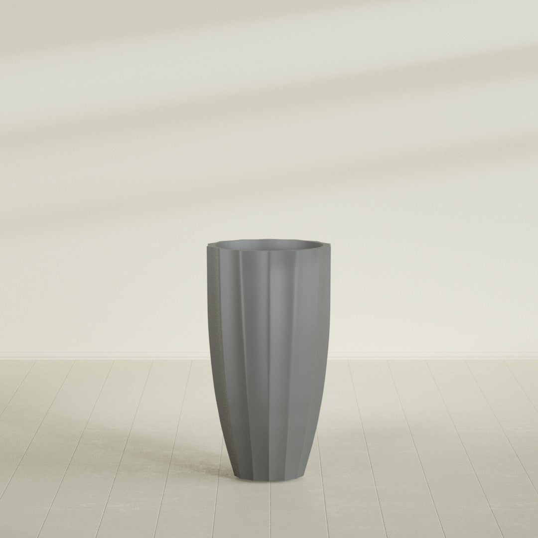 San Jose Tall Fluted Planter in Matte Gunmetal, 22"D × 40"H, shown empty