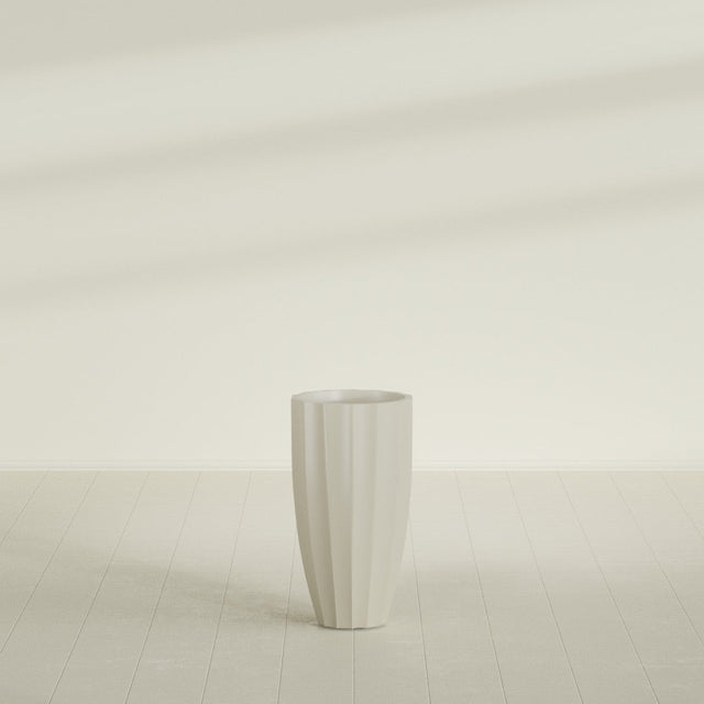 San Jose Tall Fluted Planter in Satin Beige, 16"D × 30"H, shown empty
