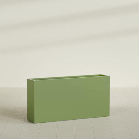 Milano Narrow Rectangular Planter in Satin Green, 48"L × 10"D × 24"H, shown empty