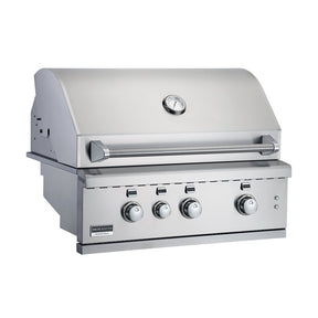 Broilmaster B Series Stainless Gas Grills with four control knobs and built-in temperature gauge in sleek stainless steel design