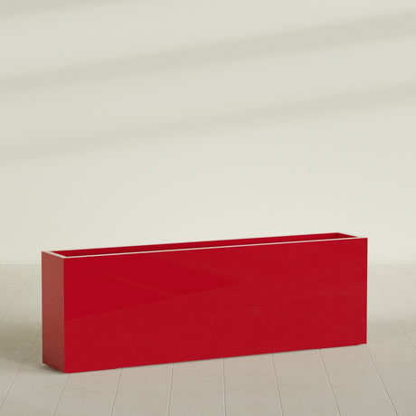 Hollywood Narrow Rectangular Planter in Gloss Red, 72"L × 12"D × 24"H, shown empty