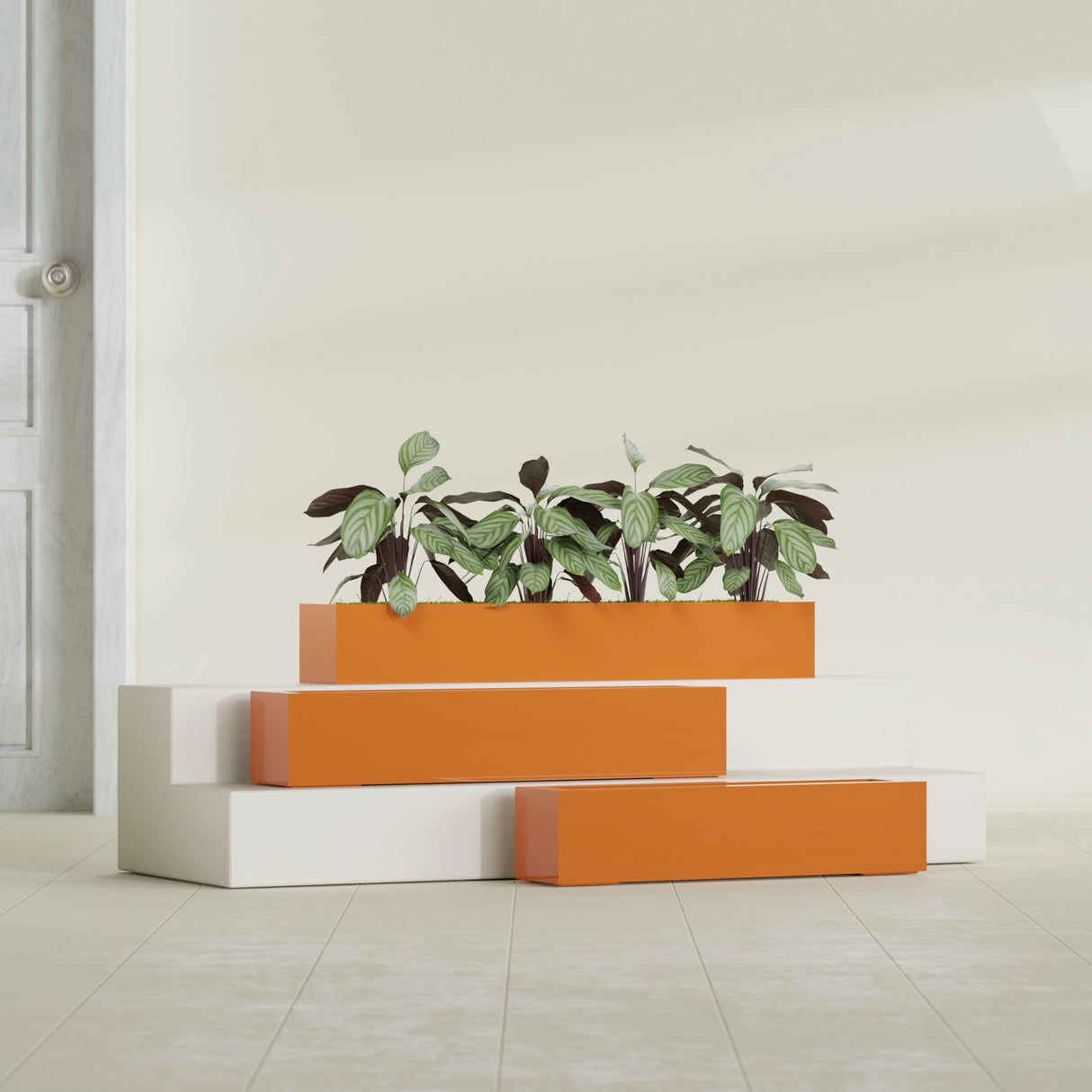 Salon Box fiberglass planter in Gloss Tangerine, size range, in a sunlit interior