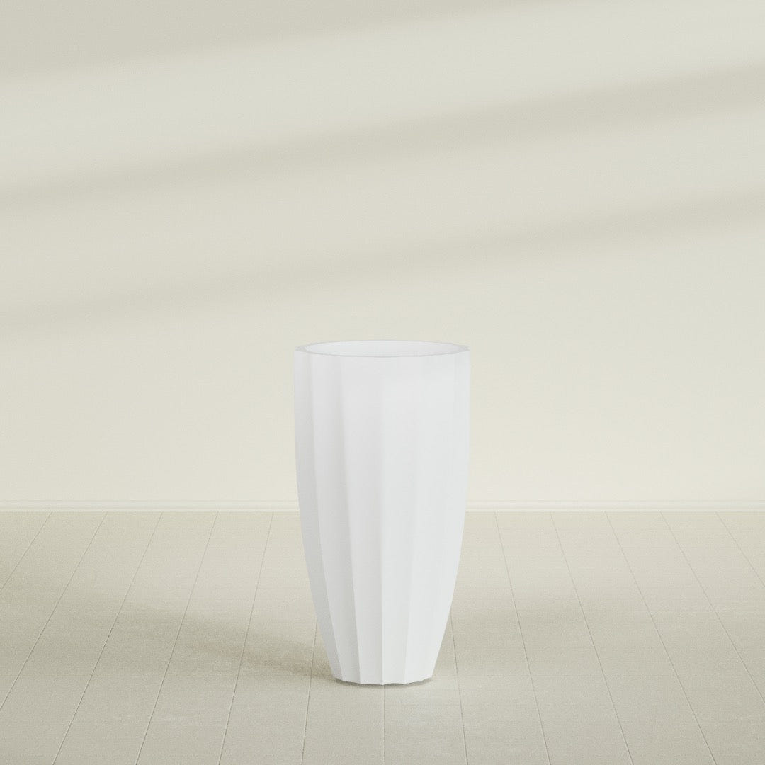 San Jose Tall Fluted Planter in Gloss Bright White, 22"D × 40"H, shown empty