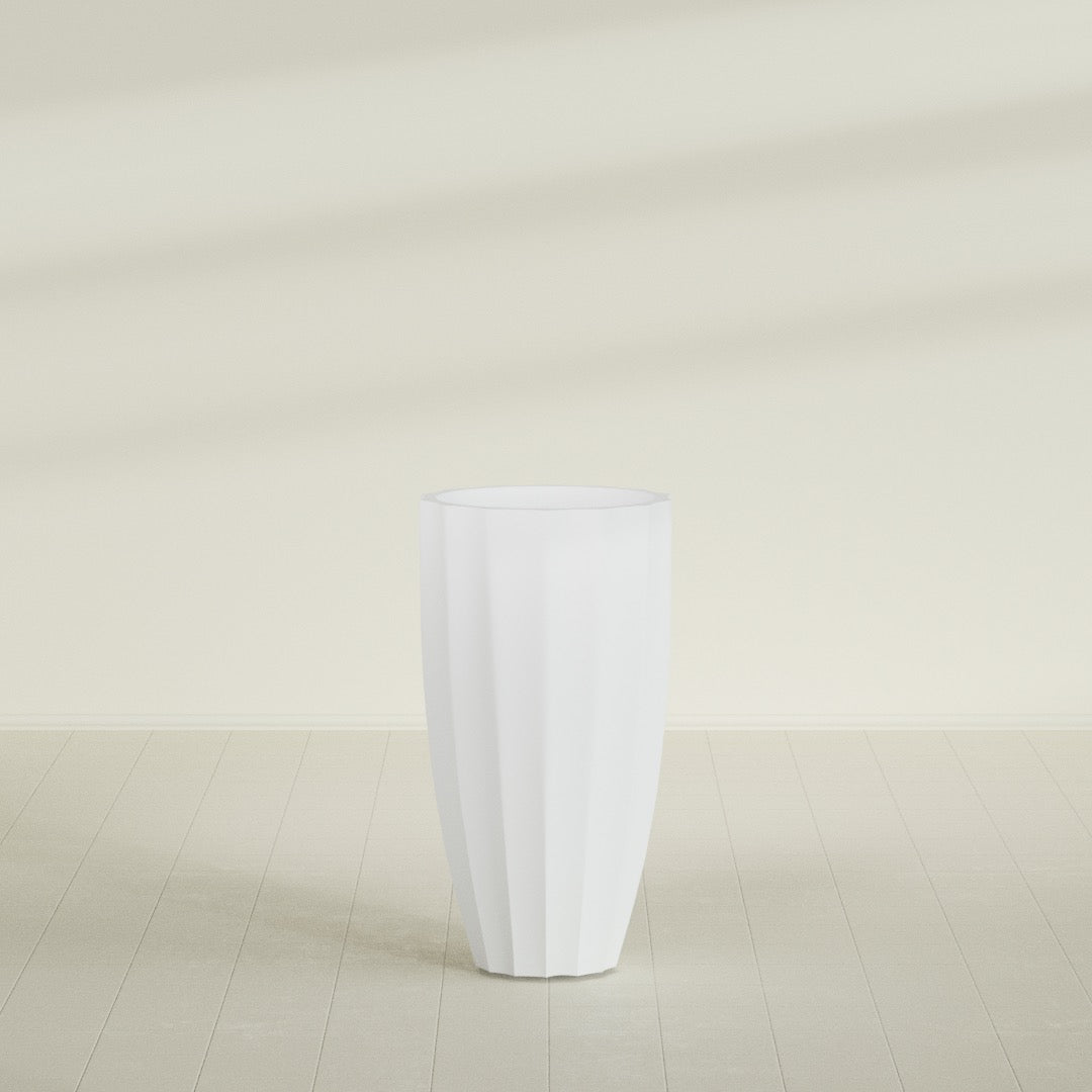San Jose Tall Fluted Planter in Gloss Bright White, 22"D × 40"H, shown empty