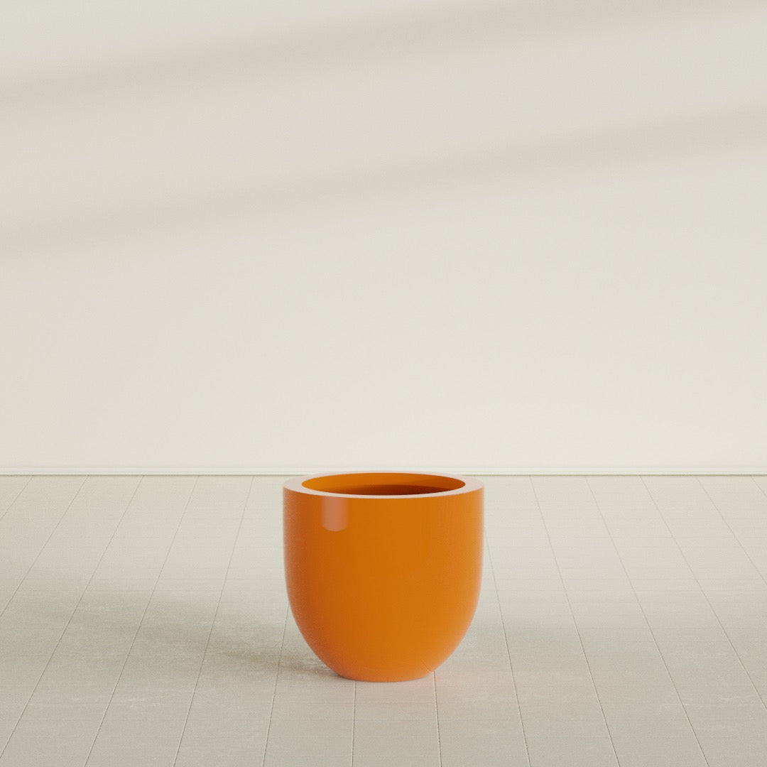 Alzira Bowl Planter in Gloss Tangerine, 23"D × 22"H, shown empty