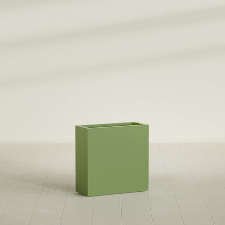 Milano Narrow Rectangular Planter in Satin Green, 24"L × 10"D × 24"H, shown empty