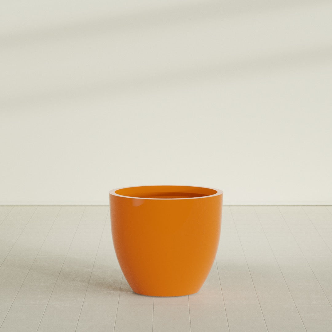 Wannsee Round Planter in Gloss Tangerine, 39"D × 34"H, shown empty