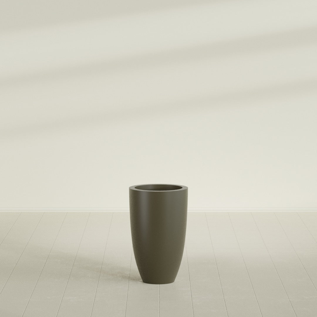 Brannan Tapered Round Planter in Matte Bronze, 18"D × 29"H, shown empty
