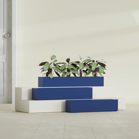 Salon Box fiberglass planter in Matte Cobalt Blue, size range, in a sunlit interior
