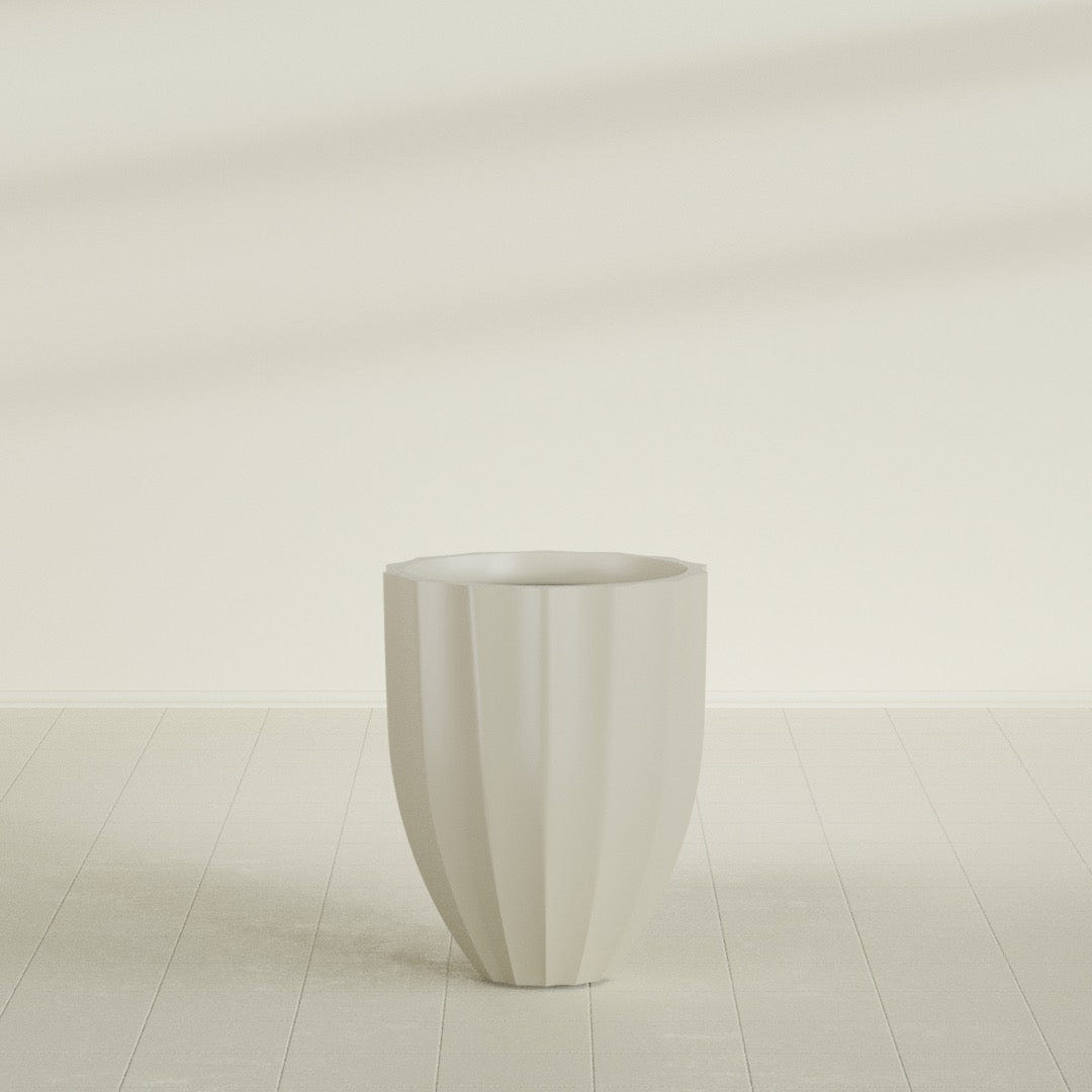Alicante Fluted Planter in Satin Beige, 22"D × 27"H, shown empty