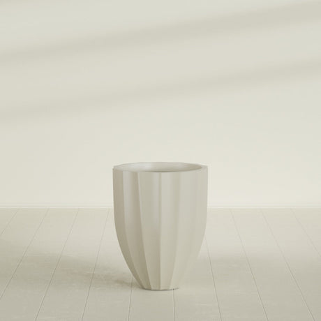 Alicante Fluted Planter in Satin Beige, 22"D × 27"H, shown empty