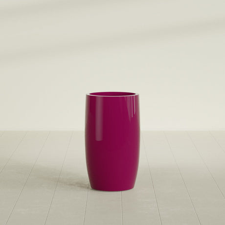 Lisbon tall round tapered fiberglass planter in Gloss Eggplant, 18 in diameter, 32 in high, shown empty