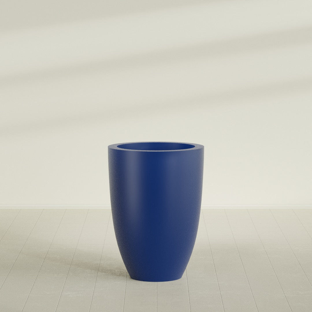 Brannan Tapered Round Planter in Matte Cobalt Blue, 30"D × 41"H, shown empty