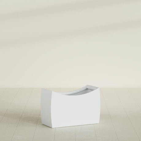 Seoul Curved Planter in Gloss Bright White, 36"L × 16"D × 24"H, shown empty