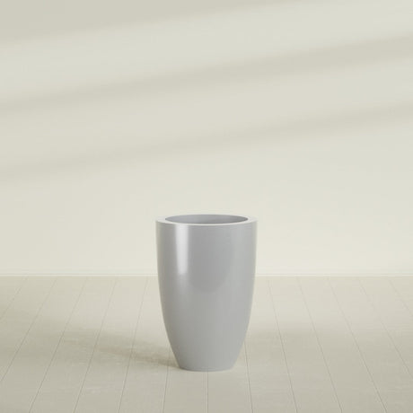 Brannan Tapered Round Planter in Metallic Silver, 24"D × 35"H, shown empty