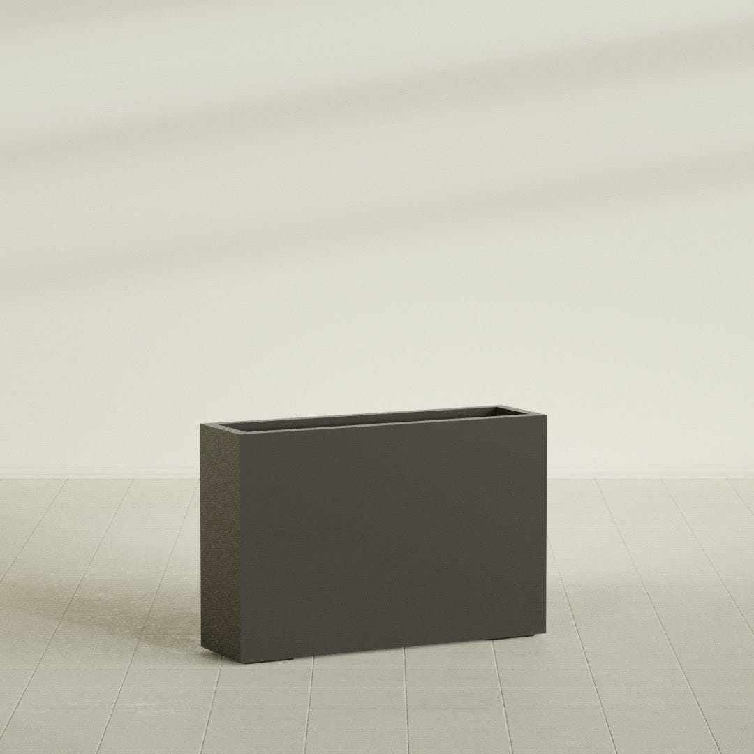 Milano Narrow Rectangular Planter in Matte Dark Brown, 36"L × 10"D × 24"H, shown empty
