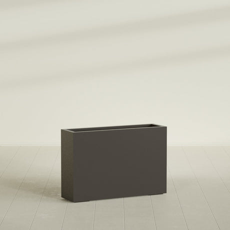 Milano Narrow Rectangular Planter in Matte Dark Brown, 36"L × 10"D × 24"H, shown empty