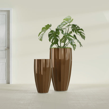 San Jose Tall Fluted fiberglass planter in Metallic Bronze, size range, in a sunlit interior