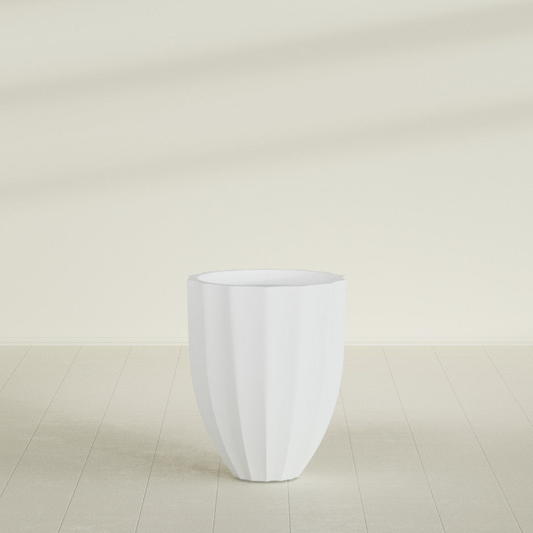 Alicante Fluted Planter in Gloss Bright White, 22"D × 27"H, shown empty