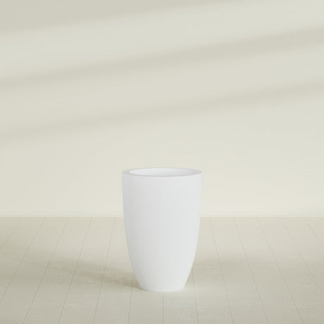 Brannan Tapered Round Planter in Gloss Bright White, 24"D × 35"H, shown empty