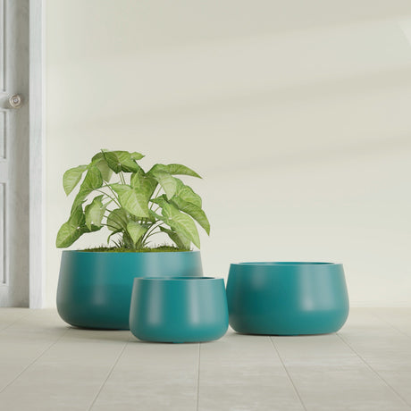 Short Hayden Bowl fiberglass planter in Satin Seafoam Green, size range, in a sunlit interior