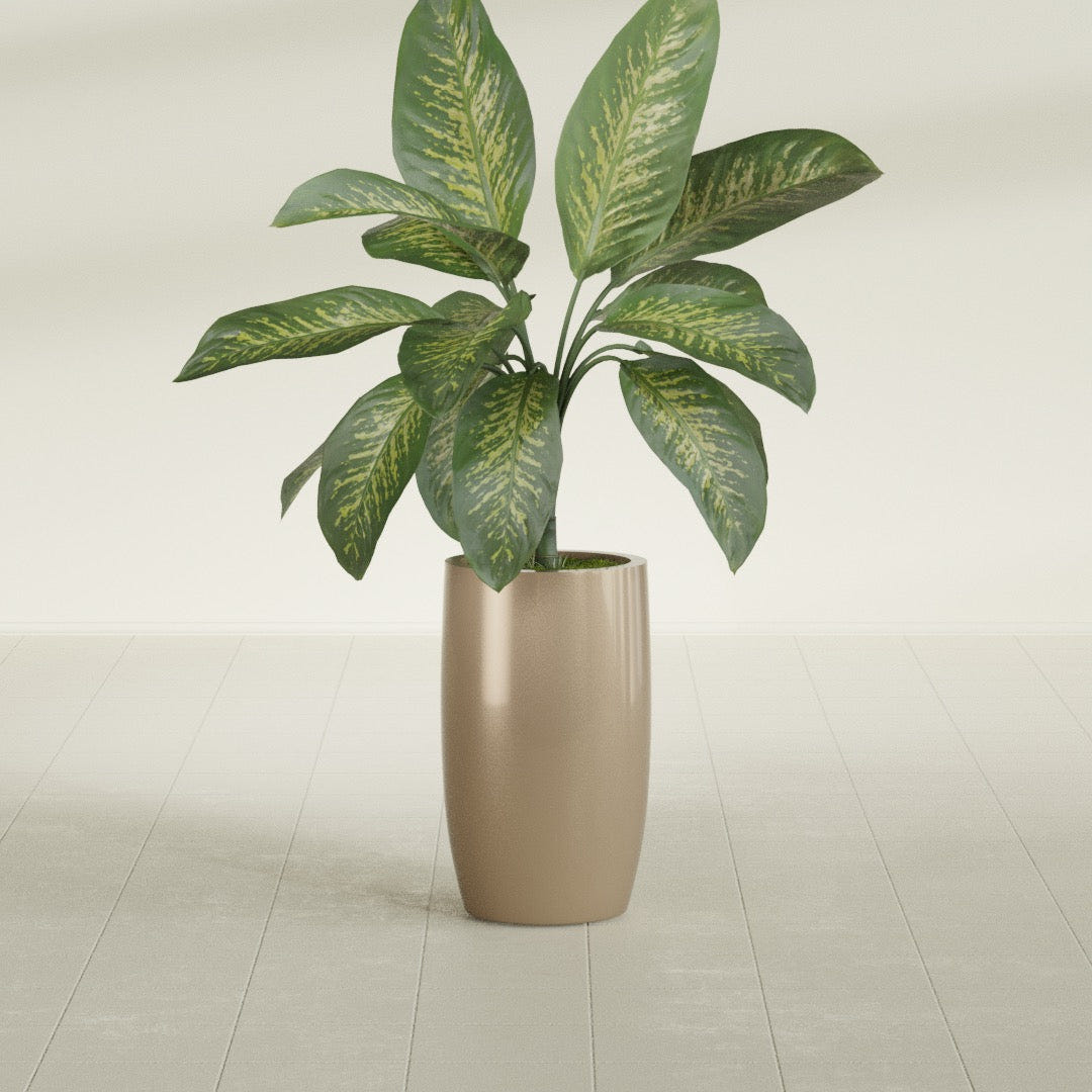 Lisbon Tall Round fiberglass planter in Gloss Metallic Gold, shown planted, in a sunlit interior