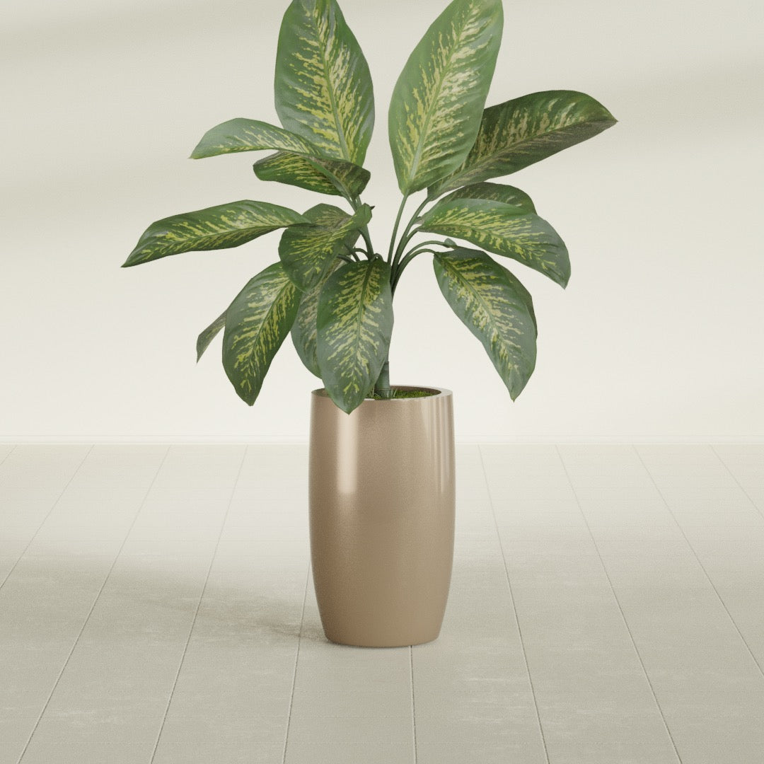 Lisbon Tall Round fiberglass planter in Gloss Metallic Gold, shown planted, in a sunlit interior
