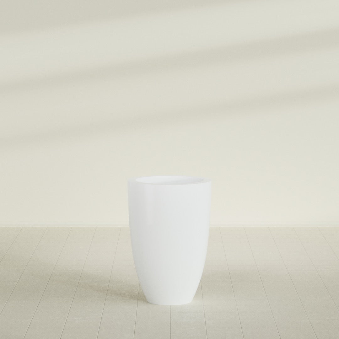Brannan Tapered Round Planter in Matte Bright White, 24"D × 35"H, shown empty