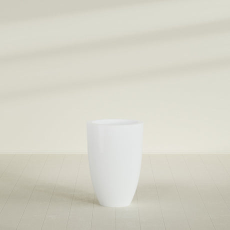 Brannan Tapered Round Planter in Matte Bright White, 24"D × 35"H, shown empty