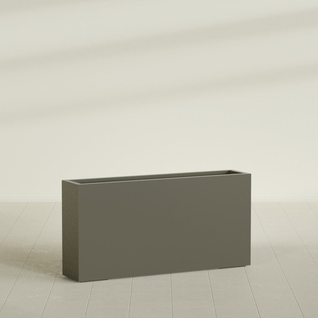 Milano Narrow Rectangular Planter in Matte Bronze, 48"L × 10"D × 24"H, shown empty